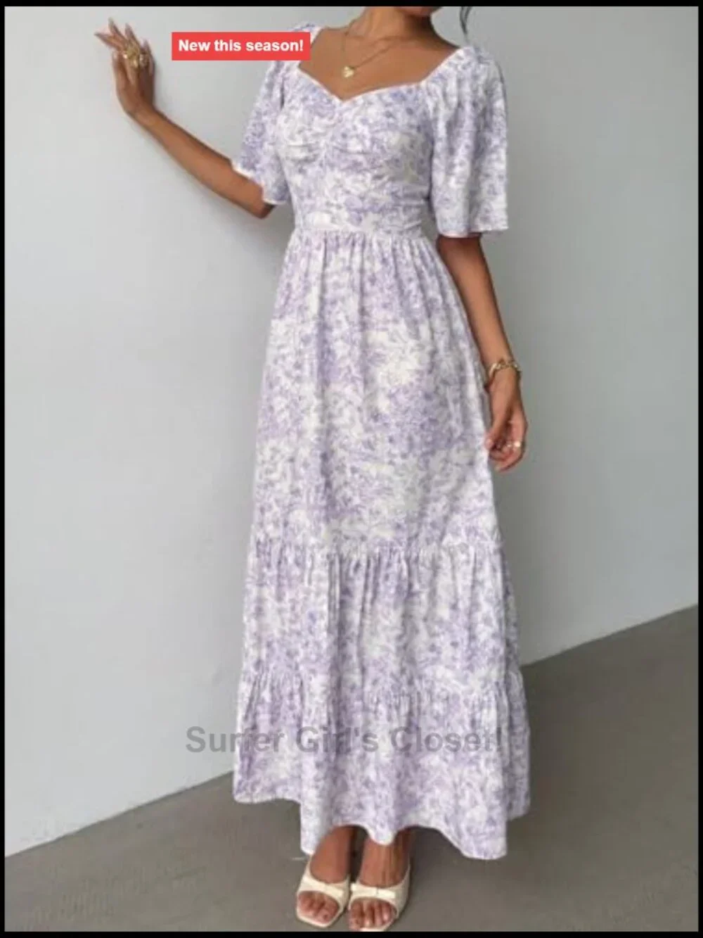 Women's Floral Maxi Dress Square Neck Puff Short Sleeve Boho Tiered High Waist